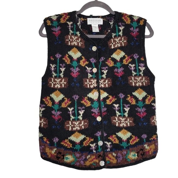 Vintage Women's M Sweater Vest Cardigan Granny Core Cottage Core Black Multicolo - Picture 1 of 10